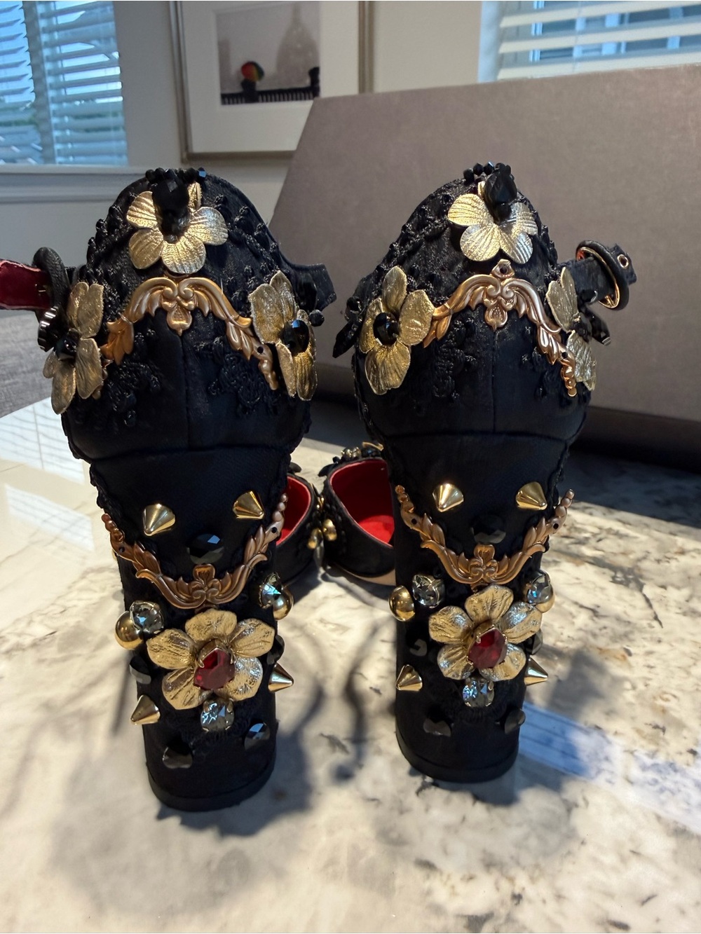 Dolce & Gabbana Black and Red Jewel-Embellished T-Strap Heels. RUNWAY - Picture 5 of 8